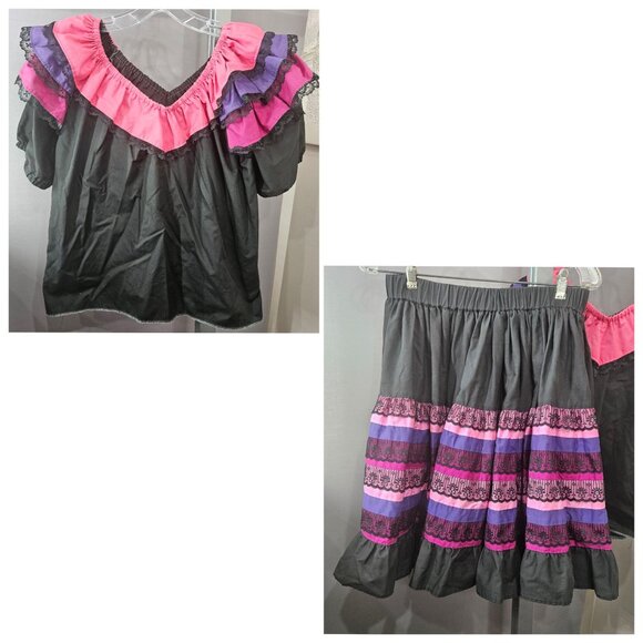 Prairie Shirt Skirt Set Medium Lace Trim Ruffle Tier Circle Dance Square Western - Picture 1 of 11